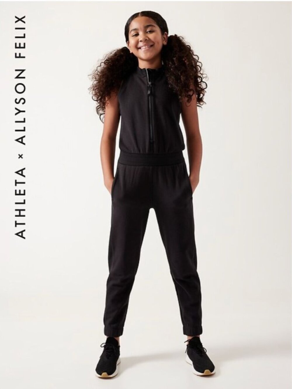 Athleta Girl Allyson Felix Legend Jumpsuit Youth L 12 Black Zip Front Athletic